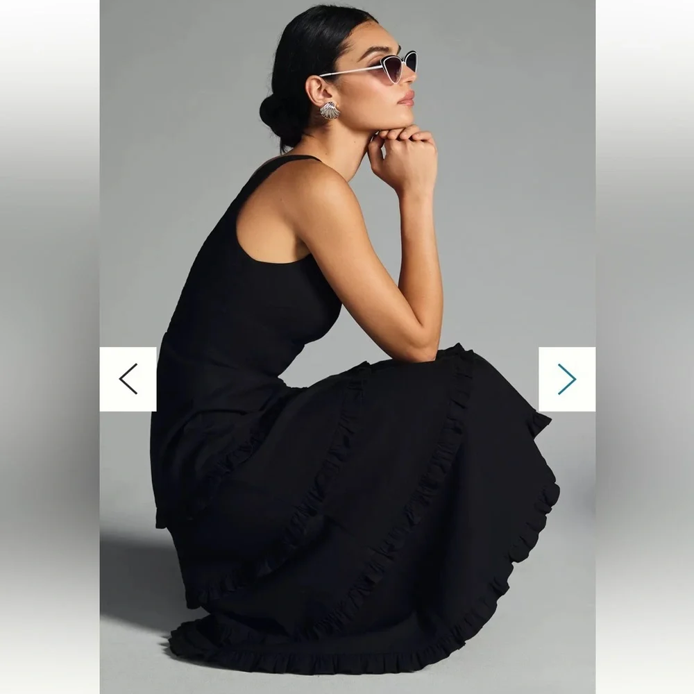 Anthropologie Linen Blend The Blythe Square Neck Tiered Dress Black Small NWT - Picture 3 of 12